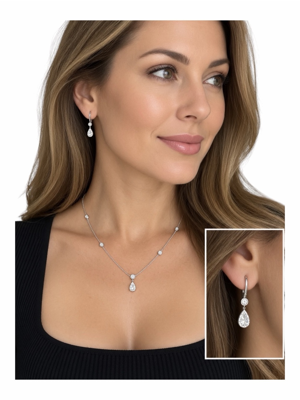 14K White Gold Teardrop Pendant Necklace and Earrings Set - Sparkle Crystal